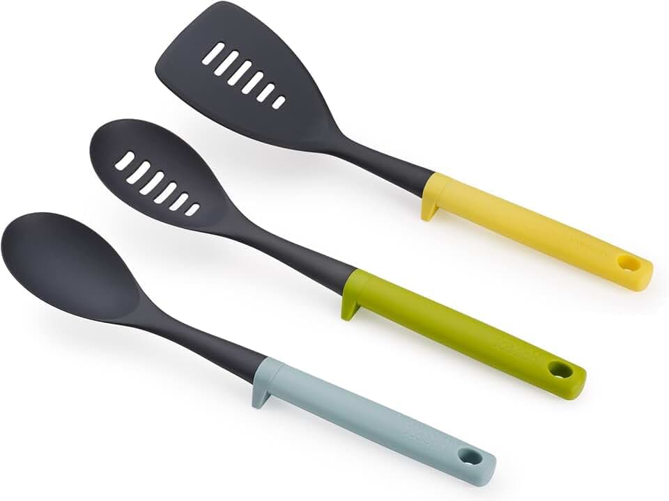 Joseph Joseph Duo 3-Piece Utensil Set with Integrated Tool Rests: Scratch-Free Use on Non-Stick Cookware, Includes Solid & Slotted Spoons and Turner, Heat-Resistant