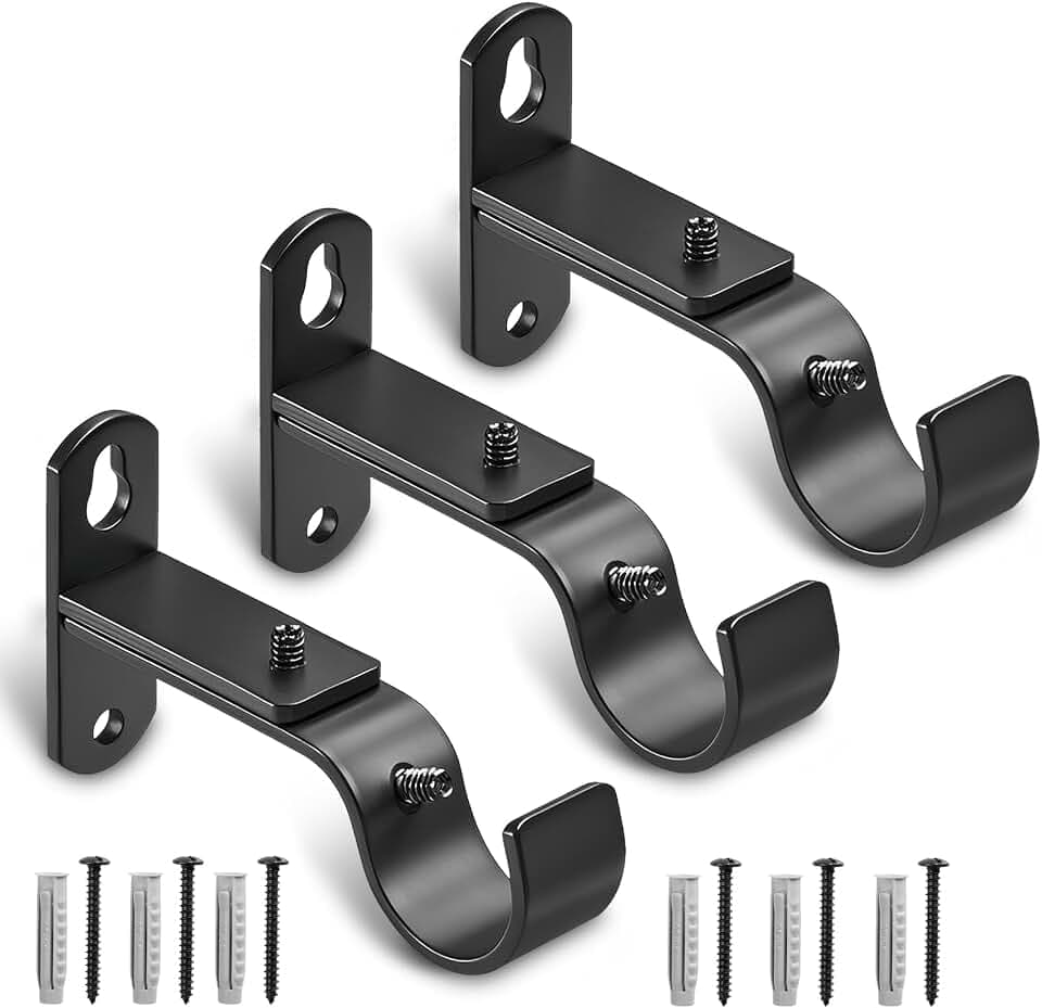 Adjustable Curtain Rod Brackets, Metal Window Drapery Rod Hanger Holders Hooks for 1 inch Rods (Black, Set of 3)