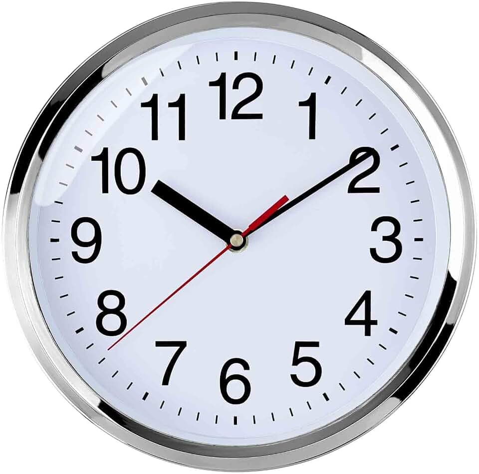 Plumeet Stille Wanduhr, 25cm geräuschelose Nicht tickende qualitative Quarz-Wanduhr Dekorative Wohnung/Küche/Büro/Schuluhr, einfach zu lesen, batteriebetrieben (Chrom)