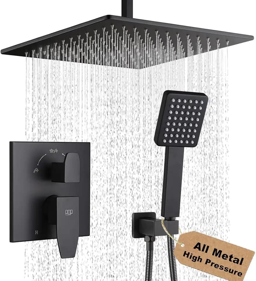 12 Inch Ceiling Mount Shower Faucet Set Matte Black Ceiling Rainfall Shower Head and Handle Set Bathroom Rain Shower System Include Shower Valve and Trim Kit