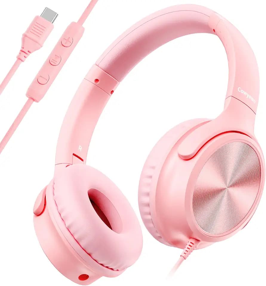 Cowyawn USB C Headphones Wired, Over Ear USB C Wired Headphones with Microphone, Volume Control, HD Stereo Sound, Foldable USB Type C Headphone for Adult/Teens/Laptop/Computer/iPhone 15/16/17, Pink