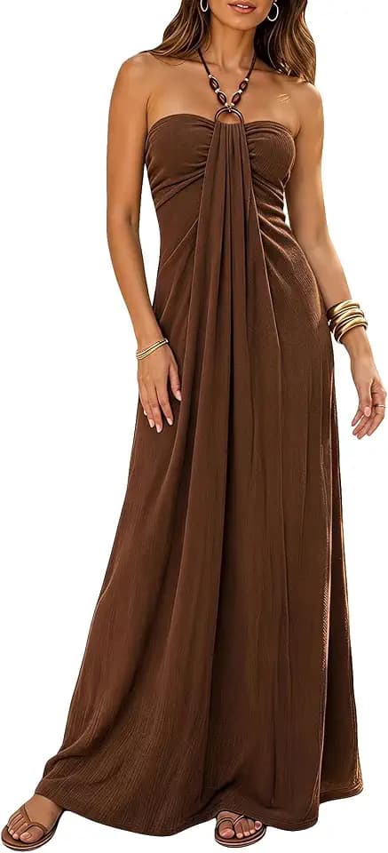 BEAUDRM Women's Y2k Beaded Halter Maxi Dress Sleeveless Tie Backless A Line Summer Vacation Sundress