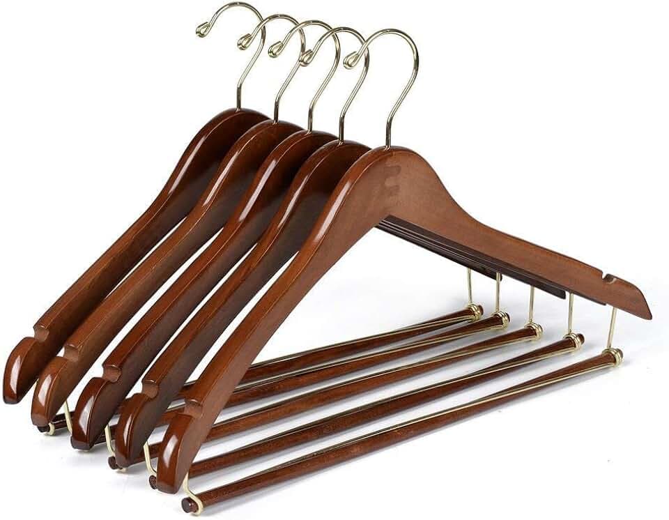 10 Quality Hangers Curved Wooden Hangers Beautiful Sturdy Suit Coat Hangers with Locking Bar Gold Hooks Walnut Finish (10)