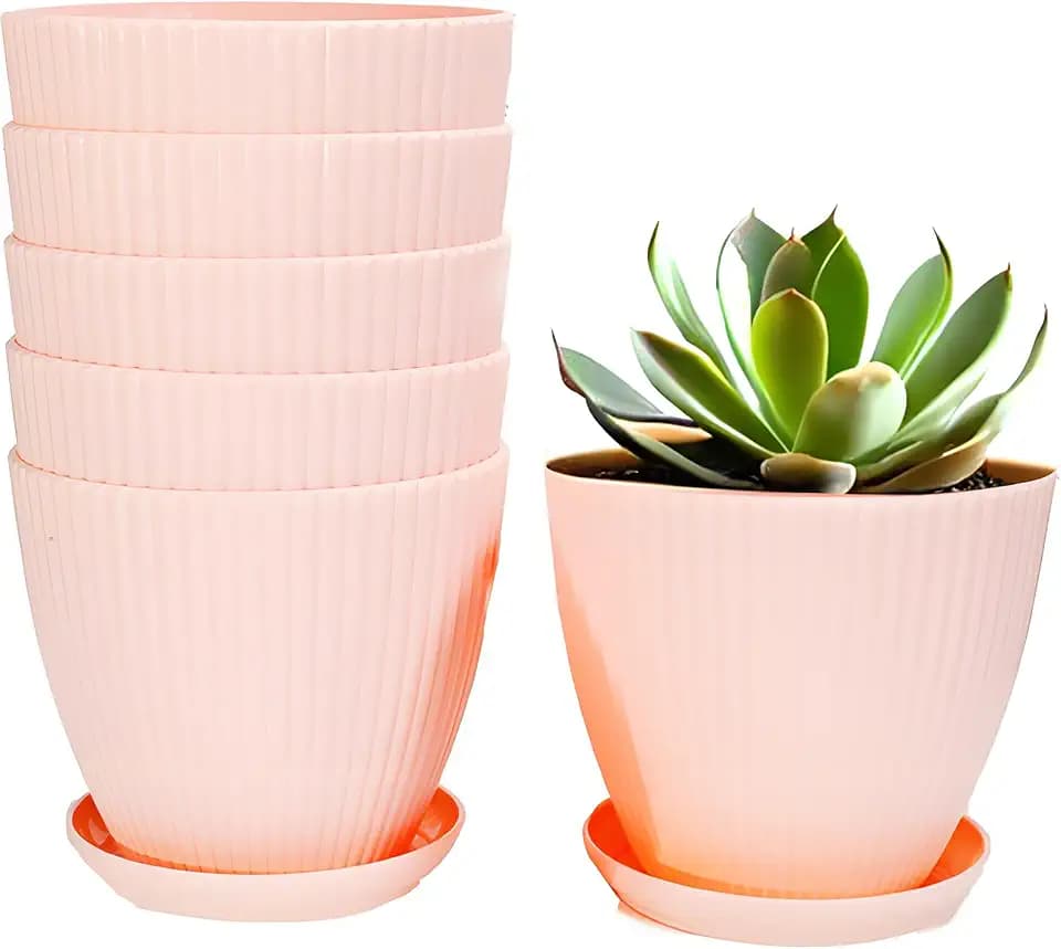7 Inch Large Plant Pots, 6 Pack Flower Pots with Drainage Hole and Tray Saucer Plastic Plant Pot for Outdoor Indoor House Plants and Flowers Herbs (Light Pink)