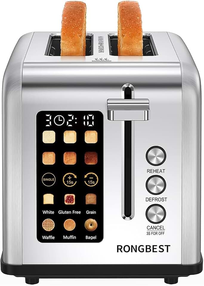 2 Slice Touch Screen Toaster with Wide Slots, Single Slice Mode, Silver