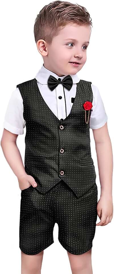 Nwada Baby Jungen Gentleman Set für Kinder Taufkleidung Anzug für Sommer, Kinder Anzüge für Hochzeit, Weste + Hemd + Shorts + Fliege 2-7Jahre