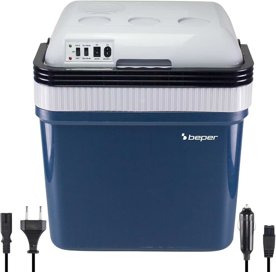 BEPERP P102CON300 Tragbarer elektrischer Kühlschrank, 24 Liter, Kühlen und Heizen, 12-V-Autosteckdose und Wandsteckdose, Mini-Kühlschrank, Weiß/Rot, 40,2 x 30,6 x 46 cm