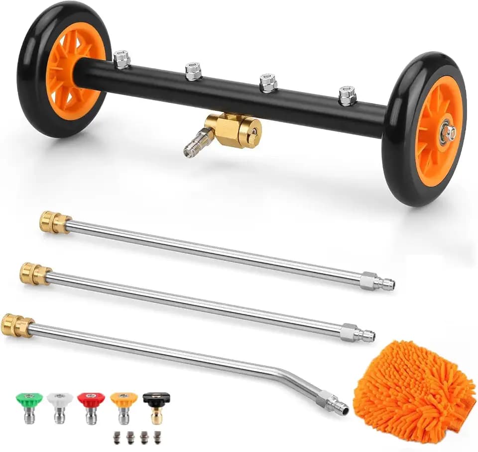 Doppelfunktions-Unterbaureiniger, Oberflächenreiniger für Hochdruckreiniger, 40,6 cm, Unterboden-Autowaschwasserbesen mit 3 Verlängerungsstab, 5 Düsen und Waschhandschuh, 4000 PSI (01)