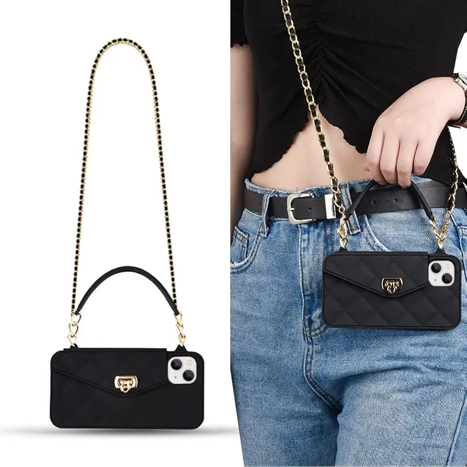 Yatchen Wallet Case for iPhone 13 Pro Max,Crossbody Phone Case with Lanyard Strap Cute Flip Credit Card Holder Soft Silicone Girls Lady Handbag Cover for iPhone 13 Pro Max Black