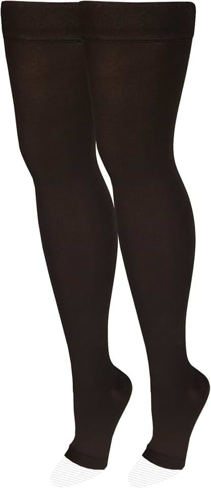 NuVein Medical Compression Stockings, 30-40 mmHg Support, Women & Men Thigh Length Hose, Open Toe, Black, Large