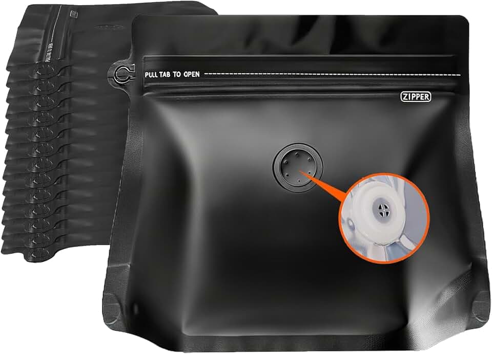 50 PCS Diamond Shape Coffee Bags with Valve (5 oz/0.3 lb) Black High Barrier Aluminum Foil Stand Up Coffee Beans Storage Packaging Bags, Reusable Heat Seal Side Zipper Pouches for Roasters & Home