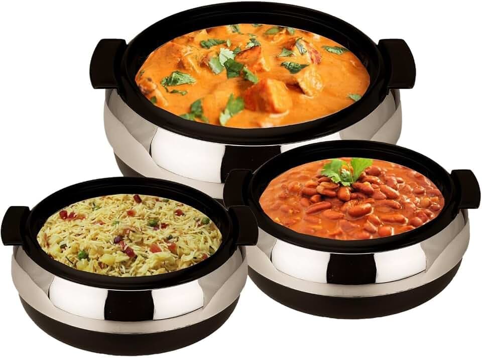 Casserole Serving Casserole Inner Stainless Steel GlassLid Hot Box |Roti Box| Easy to carry | Food Grade 800,1200,1700 ml Set of 3 (Black)