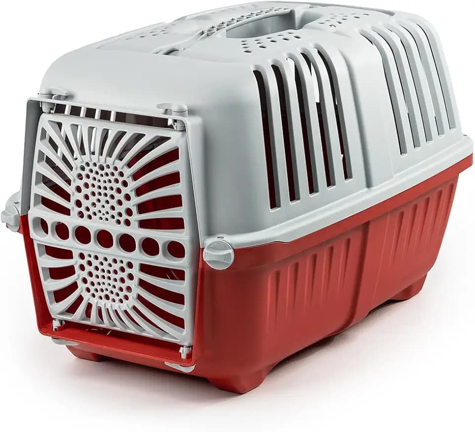 lionto Tiertransportbox für Hunde & Katzen, bis 15 kg, 48x31,5x33 cm, Rot | Kunststoffbox aus robustem, recyceltem Kunststoff mit Tür, Tragegriff & Belüftungsschlitzen für Auto, Reisen, Tierarzt