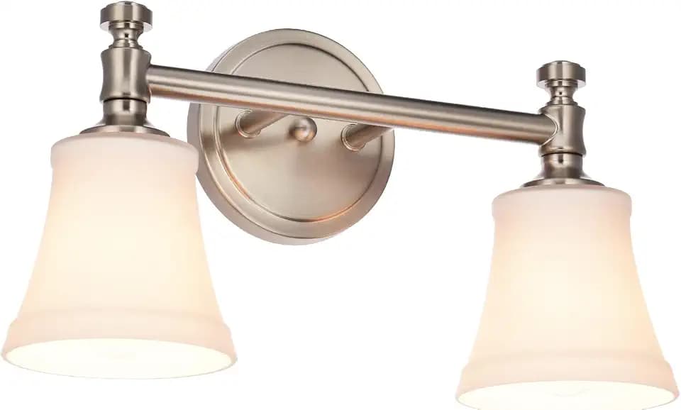 Bathroom Vanity Light Fixtures, Traditional Brushed Nickel 2 Lights Wall Sconce Lighting with Opal Glass Shade, Porch Wall Mount Light Fixture for Bathroom, Mirror Cabinets Hallway Stairs
