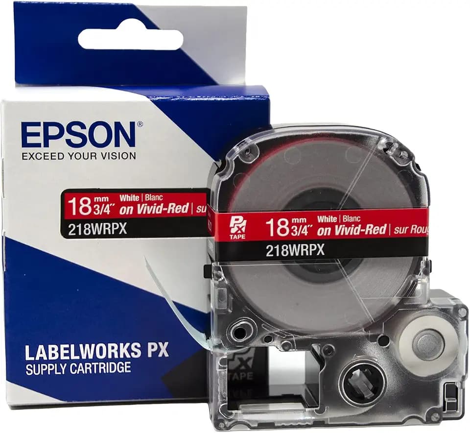 Epson LABELWORKS 218WRPX Label Tape - White on Red - 3/4" (18mm), 30ft