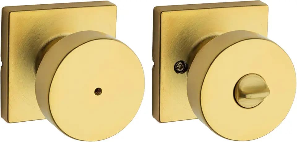 Kwikset Pismo Interior Privacy Door Knob with Lock, Door Handle for Bathroom and Bedroom, Satin Brass, Square, Keyless Turn Lock Doorknob