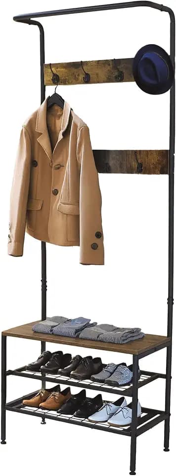 Amig - Garderobenständer mit Schuhregal Lukïen - Flurmöbel mit Sitzbank im Industrial-Stil - 183x66x32,5 cm - Metall und Holz - Schwarz und Braun - Möbel für Flur oder Eingang im rustikalen Stil