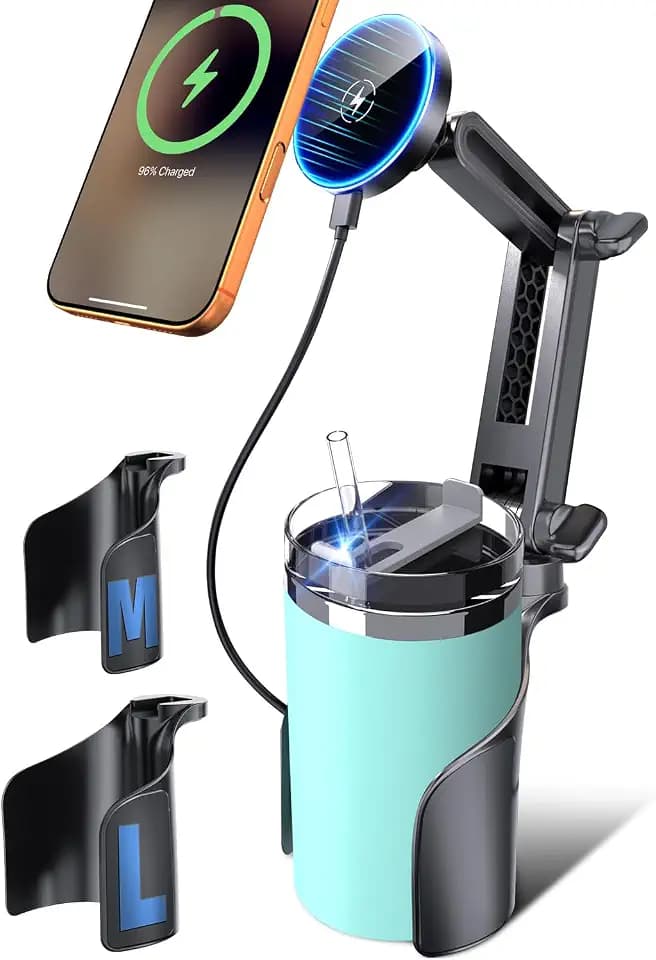 ELWEY for Magsafe Car Mount Charger Wireless, Upgraded 3 in 1 Cup Phone Holder with Dual Flexible Bases, 15W Fast Charging Phone Holder Magnetic, Powerful N55 Magnet, 15" Height, for iPhone 17 16 15