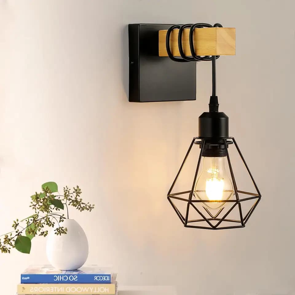 Wandleuchte Innen, Vintage Wandlampe Holz und Metall, E27 Wandbeleuchtung Schwarz Braun Wand Wand, Retro Industrial Wall Light Fixtures Indoor Wohnzimmer Schlafzimmer Flur Treppenhaus
