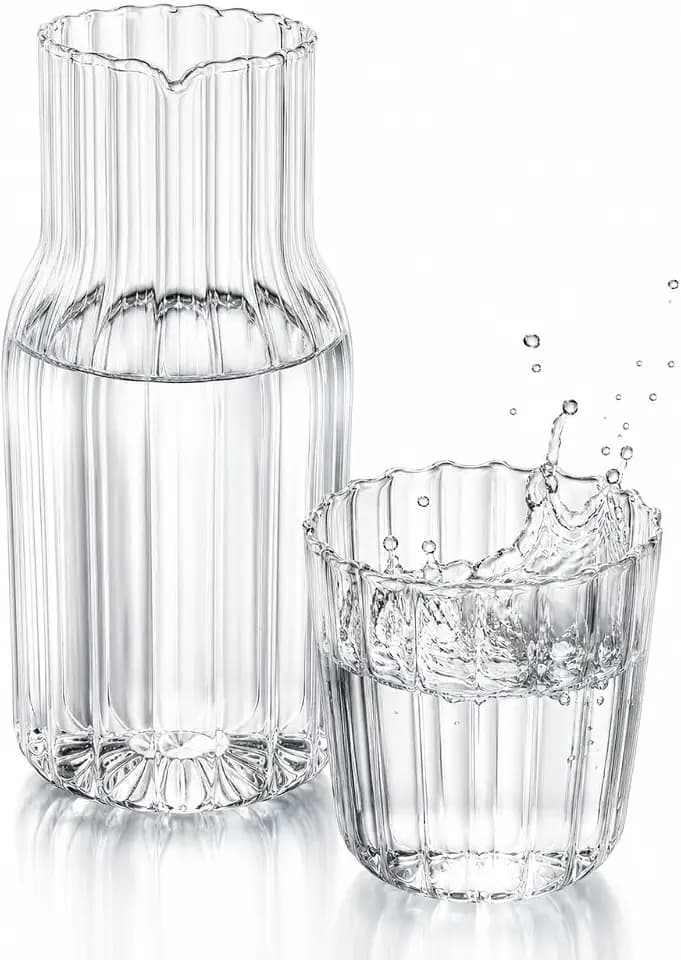TOPBATHY Wasserkaraffe für den Nachttisch, Glaskrug und Tasse, Wasserkaraffe, handlicher Becherkrug, kristallklarer Teekessel, Wasserspeicherbehälter für die Nacht