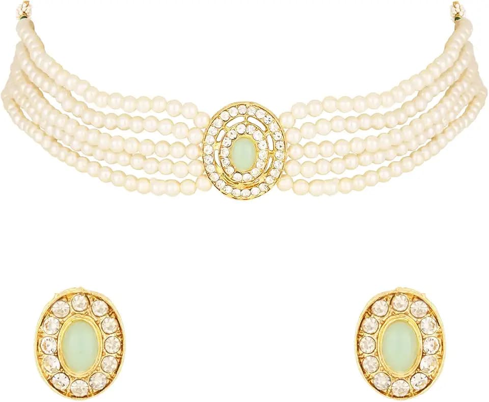 I Jewels Gold Plated Indian Wedding Bollywood Handcrafted Stone Pearl Choker Necklace Jewellery Set With Earrings For Women (ML321)