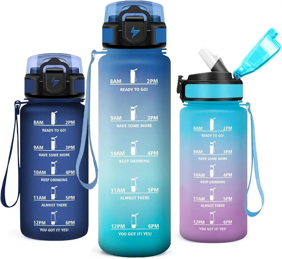 Wasserflasche 1L, Trinkflasche mit Strohhalm, Wasserflasche mit Zeitmarkierung, Kohlensäure Geeignet, Sportflasche Auslaufsicher, für Outdoor, Camping, Büro