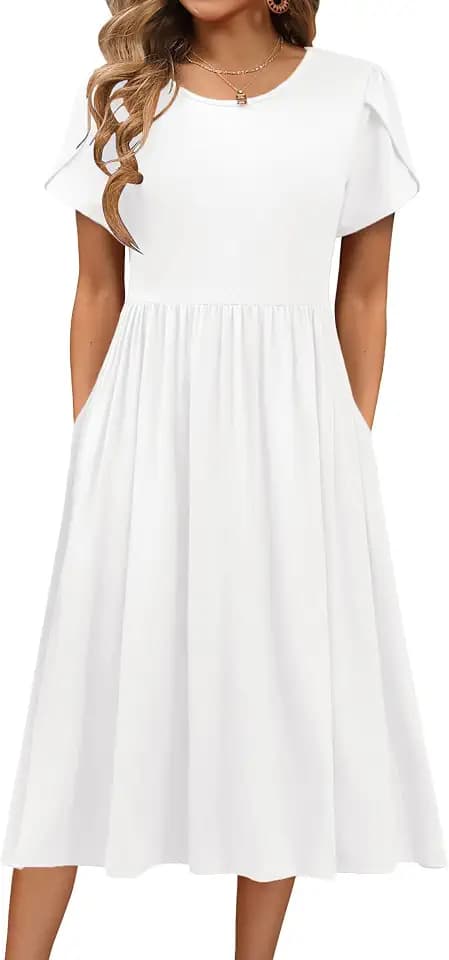 Hotouch Sommerkleid Damen Kurzarm Kleid Rundhals Freizeit Kleid mit Tasche