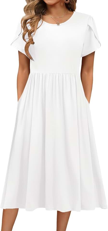 Hotouch Sommerkleid Damen Kurzarm Kleid Rundhals Freizeit Kleid mit Tasche