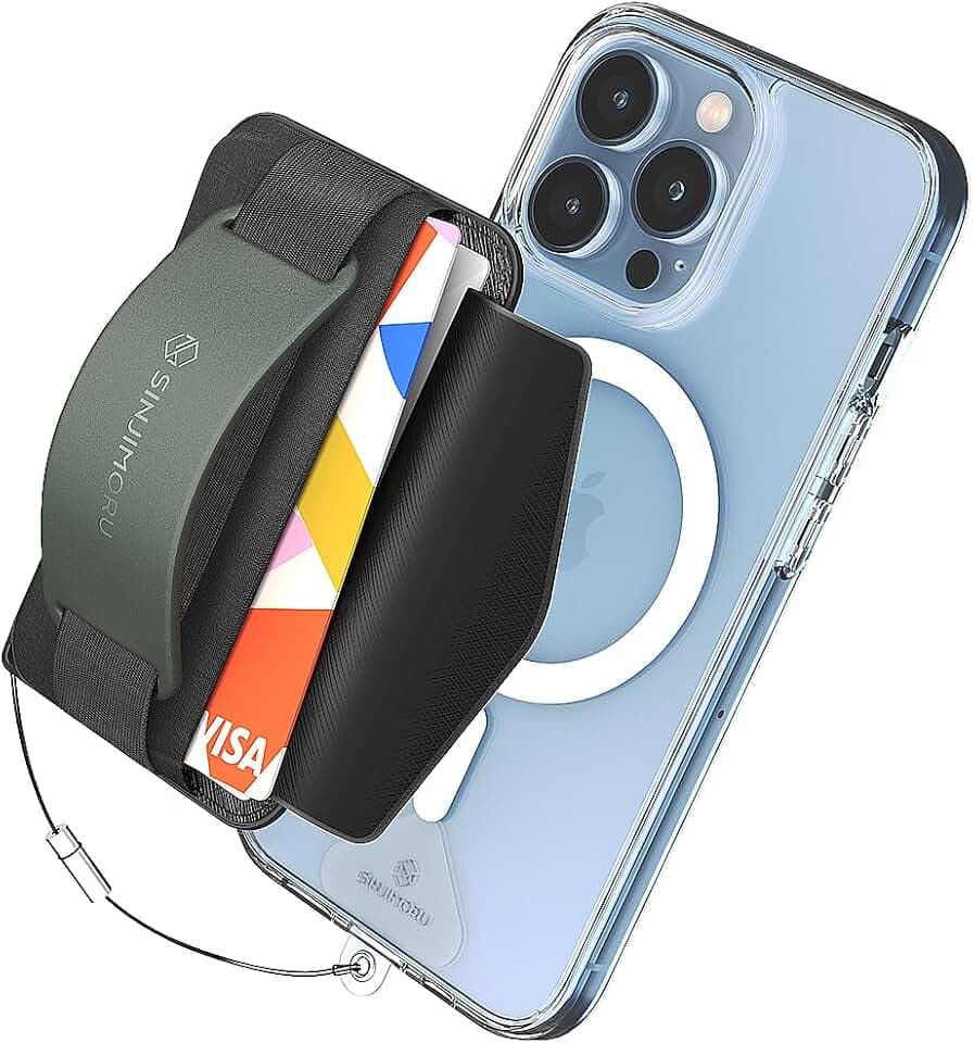 Sinjimoru 3 in 1 Magnetic Card Holder, Magnetic Wallet for MagSafe as Cell Phone Wallet Stick On with Phone Grip Holder & Mobile Phone Kickstand iPhone 12 13 & iPhone 14 Series. M-BGrip Olive Grey