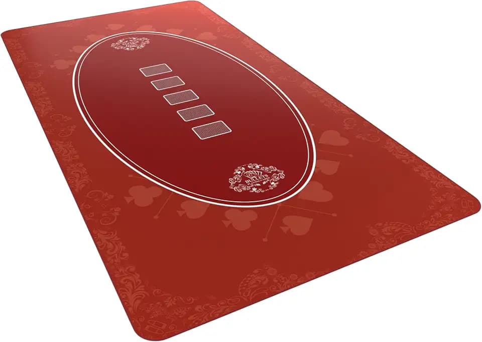 Bullets Playing Cards Poker Table Top Mat - Durable, Water-Resistant, & Non-Slip Surface - Mat with Sewn Edges for Casino Night and Texas Hold’em - with Carrying Tube - Rectangular 63" x 31.5" - Red
