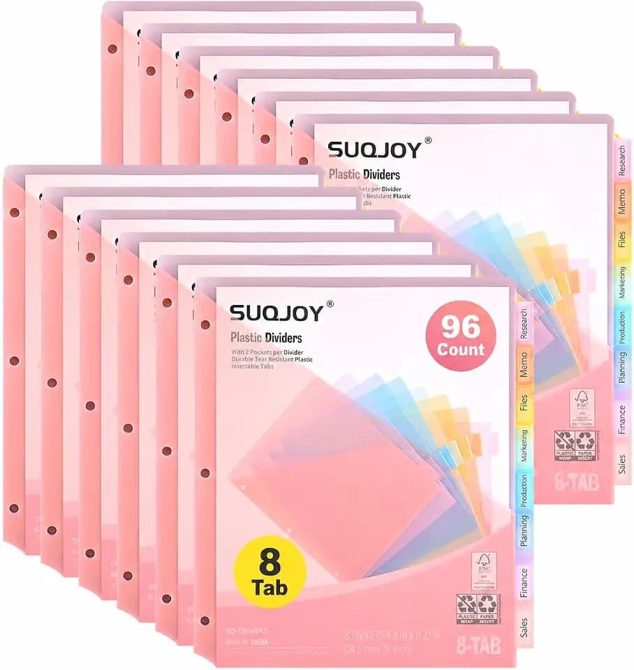 8-Tab Dividers for 3 Ring Binder, 96 Count Binder Dividers with Pockets, Subject Dividers, 3-Hole Plastics Sheets Protectors for US Letter Size in 0.5", 1",2" Binders, 8 Pastel Colors, 12 Packs