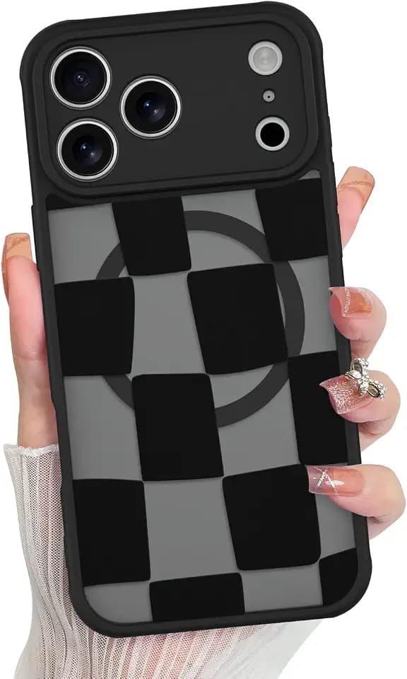KANGHAR for iPhone 17 Pro Case 2025 Matte Cute Pattern Checkered -Black