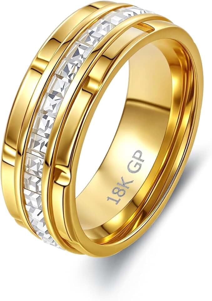 8mm Mens Gold Wedding Band with Cubic Zirconia Silver Eternity Ring CZ Inlaid 18K Gold Plated Stainless Steel Rings for Men, Rings Size 5-13
