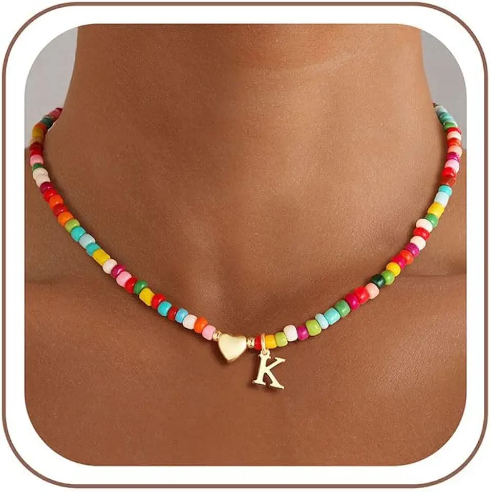 M MOOHAM Initial Necklace for Women Girls, Colorful Beaded Necklace, A-Z
