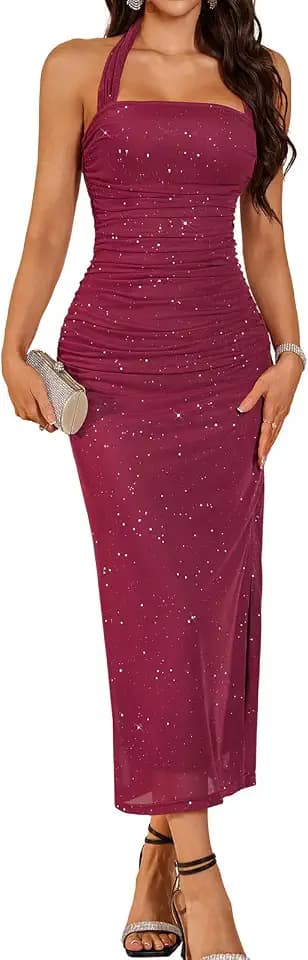 DRESSTELLS Sparkly Maxi Dress with Bodycon Halter for Formal Wedding Guest