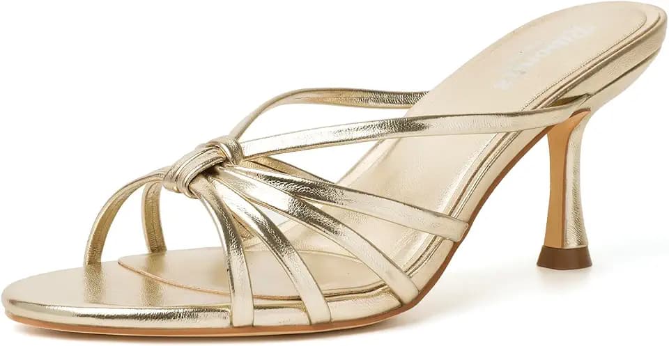 RIBONGZ Mule Kitten Heels for Women Dressy High Heeled Shoes Summer Square Open Toe Strappy Dress Sandals Backless Comfortable Mules Wedding Bridal Parties Office Vacation Casual Shoes