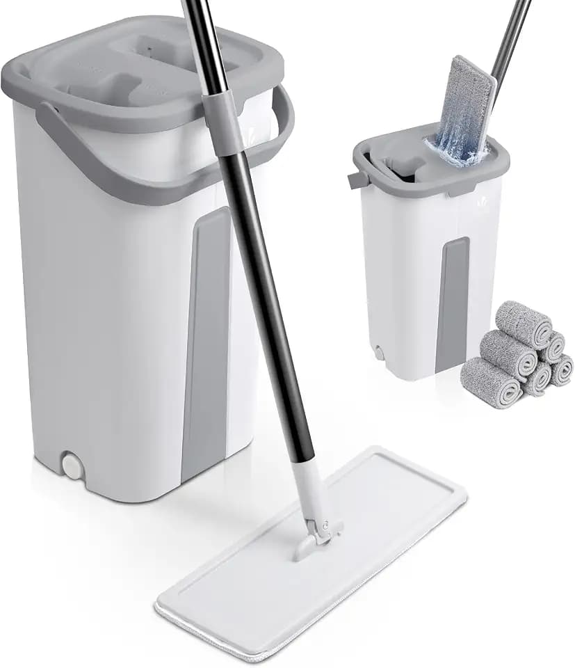 VOUNOT Wischmopp Set mit Eimer, Bodenwischer zum Auswringfunktion, Flacher Mikrofaser & Putzset mit Edelstahlgriff, 6 Wiederverwendbare Wischmop Ersatzbezüge, alle Arten von Böden Weiß