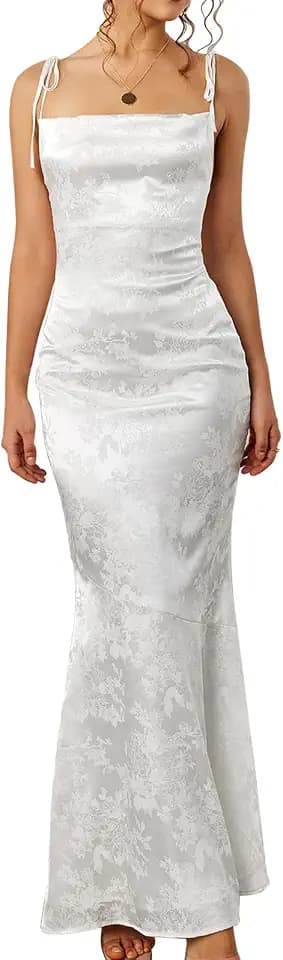 GLNEGE Wedding Guest Maxi Prom Dress Lace Up Satin Formal Dresses for Women