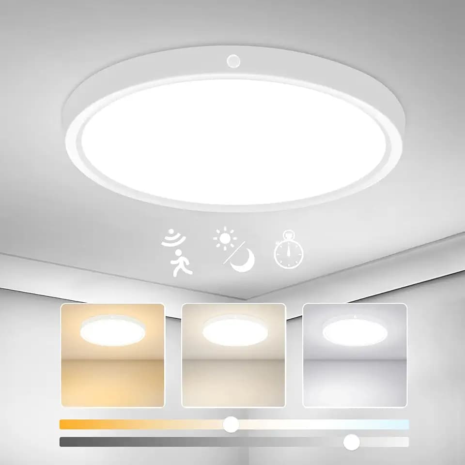Yafido 12W 18W 24W Deckenlampe mit Bewegungsmelder, 30CM 3000K 4000K 6000K Rund LED Lampen Deckenlampen, IP44 Deckenleuchte Flach mit Bewegungsmelder, 2-4-8M Erfassungsabstand Einstellbar