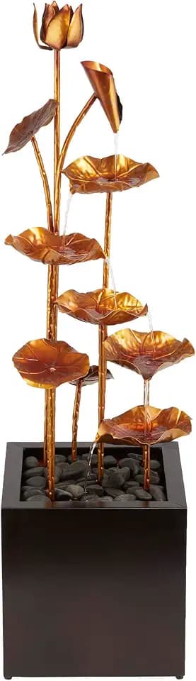 Alpine Corporation CPS192 Outdoor Stone-Filled Base Tiered Metal Leaf Water Floor Fountain 43 Inches Tall, Golden