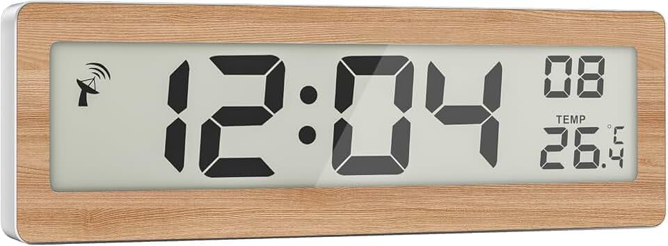 funkuhr digital,Digitale wanduhr,wanduhr Funk mit DCF Zeitsignal und Thermometer mit XXL LCD Display Temperatur-Anzeige,wetterstationen innen und außentemperatur… (Bambus)
