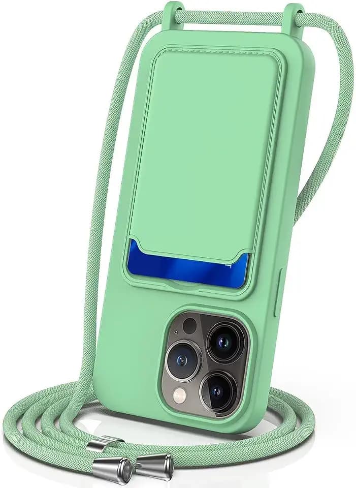 FMPCUON Handykette Flüssigsilikon Hülle für iPhone 15 Pro Max mit Band,Handyhülle mit Kartenfach,Necklace Schutzhülle mit Abnehmbar Kordel zum Umhängen Stossfest Bumper,Hellgrün