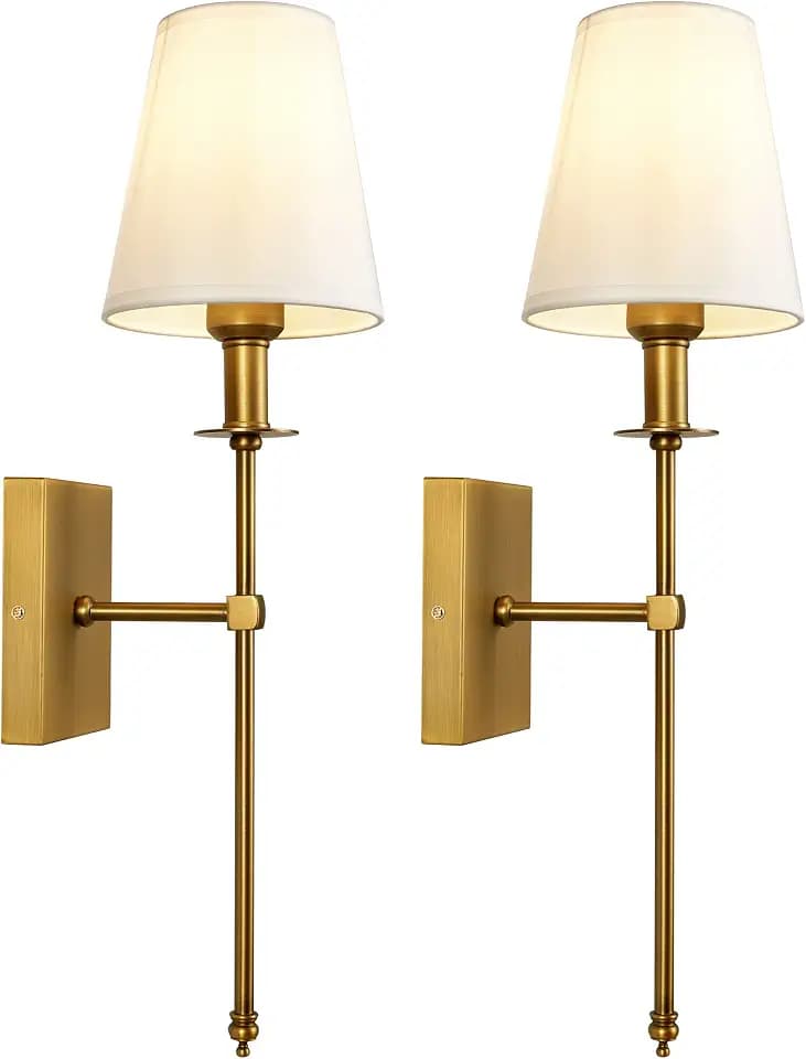 Modern Antique Brass Hardwired Wall Sconces Set of 2 Slim with White Fabric Shade,Wall Lighting for Bathroom Vanity Mirror Living Room Dining Entryway Fireplace Mantel Theater Room Bedside