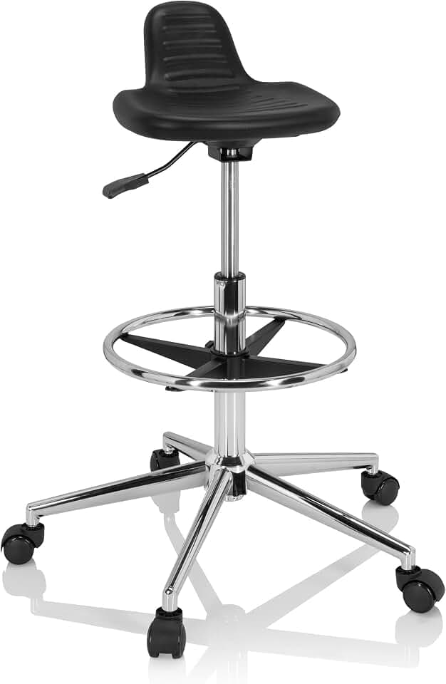 hjh OFFICE 830099 Arbeitshocker hoch TOP Work 03 I PU-Hartschaum Schwarz Drehhocker mit Rollen & Gleiter, höhenverstellbar