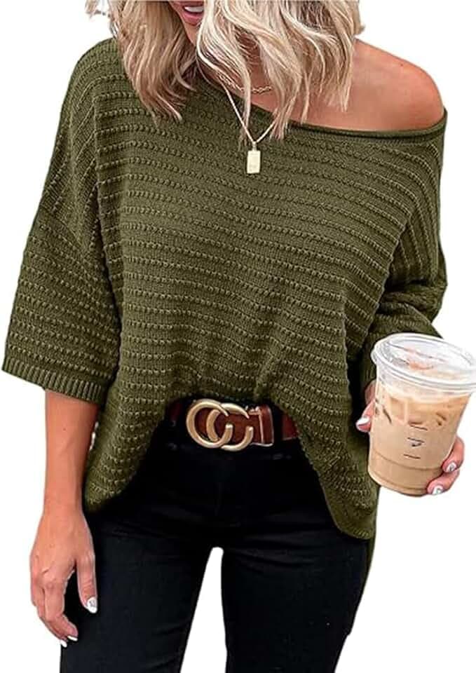 Cuptacc Pullover Damen 3/4 Ärmel Rundhals Oberteil Locker Strickpullover Damen Elegant