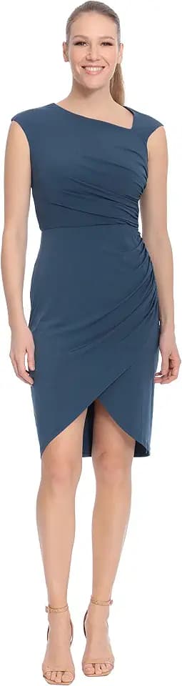 London Times Women's Asymmetrical Shirred Tulip Dress