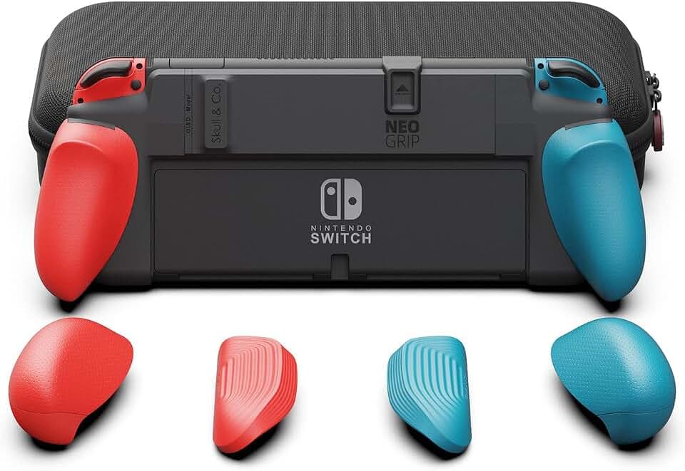 Skull & Co. NeoGrip Bundle für Nintendo Switch OLED und Regular Modell: Eine andockbare Schutzhülle mit austauschbaren Griffen [passend für alle Handgrößen] [mit Tragetasche] - Neon-Blau & Neon-Rot