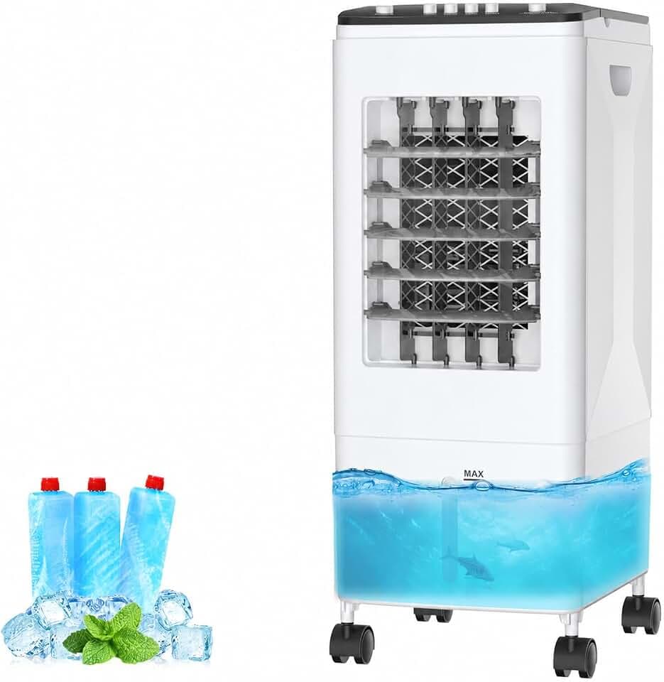Mobile Klimaanlage 3-in-1 mit 6L Wassertank, Luftkühler mit 3 Kühlakkus, Ventilator und Luftbefeuchter, 60W Energiesparend, 35dB Leise, 60° Oszillation, 3 Geschwindigkeiten für Zuhause und Büro