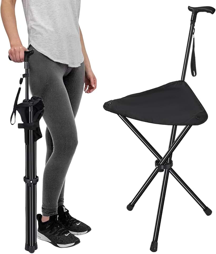 FATTCHIAR Cane with Seat Folding Lightweight, Adjustable Height 34.2"-39.7" Walking Stick with Seats, Cane Chair Capacity 220lbs, Portable Stool for Adults Seniors-Black