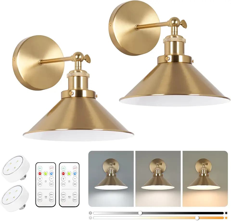 KELUOLY Battery Operated Wall Sconce Set of Two, Brushed Brass Battery Powered Wall Lighting Indoor, Cordless Metal Indoor Wall Lamp, Dimmable with Remote, Suitable for Living Room Bedroom Hallway